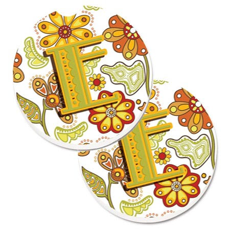 Carolines Treasures Letter E Floral Mustard and Green Set of 2 Cup Holder Car Coaster CJ2003-ECARC
